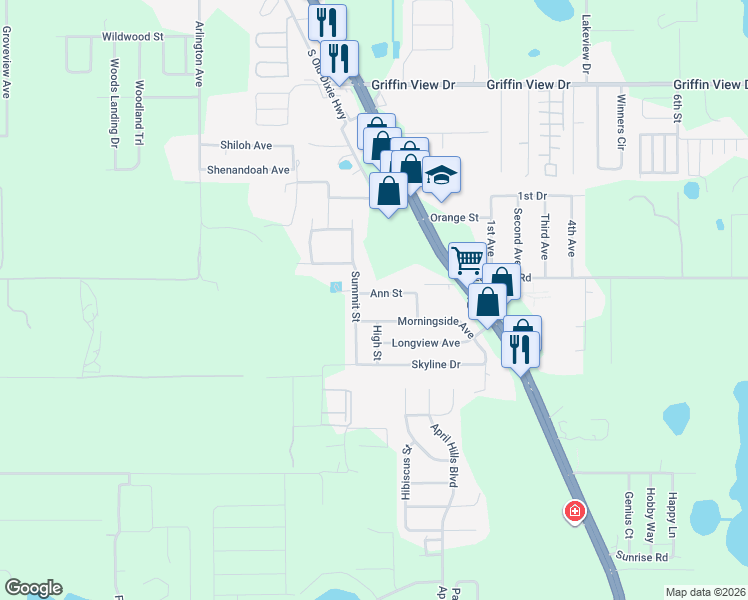 map of restaurants, bars, coffee shops, grocery stores, and more near 206 Ann Street in Lady Lake