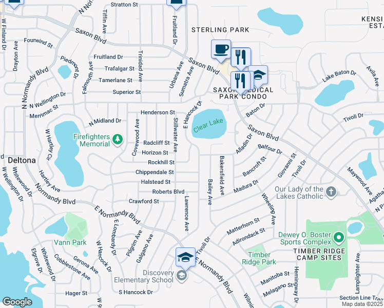 map of restaurants, bars, coffee shops, grocery stores, and more near 1371 Rockhill Street in Deltona