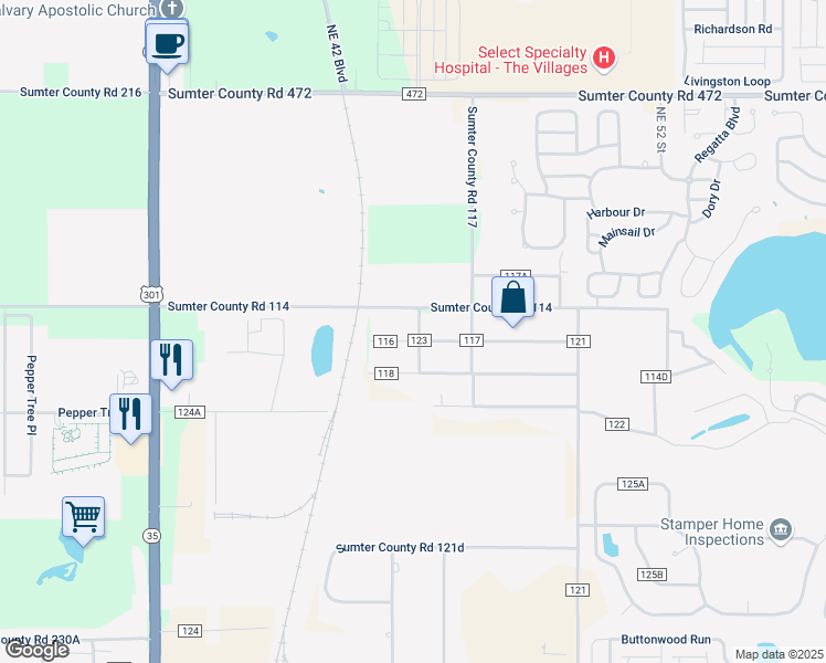 map of restaurants, bars, coffee shops, grocery stores, and more near 4571 County Road 116 in Wildwood