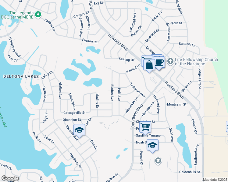 map of restaurants, bars, coffee shops, grocery stores, and more near 1344 Bladon Avenue in Deltona