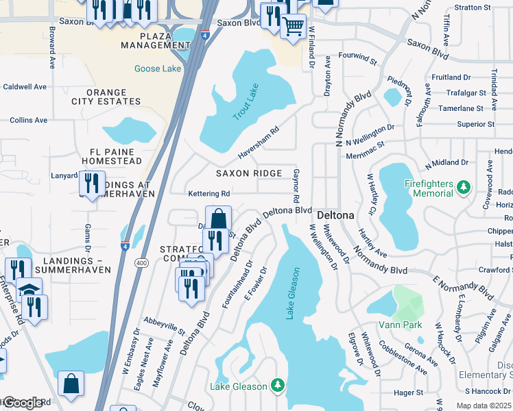 map of restaurants, bars, coffee shops, grocery stores, and more near 1346 North Fowler Drive in Deltona