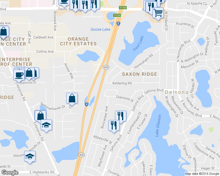 map of restaurants, bars, coffee shops, grocery stores, and more near 279 North Evans Circle in Deltona