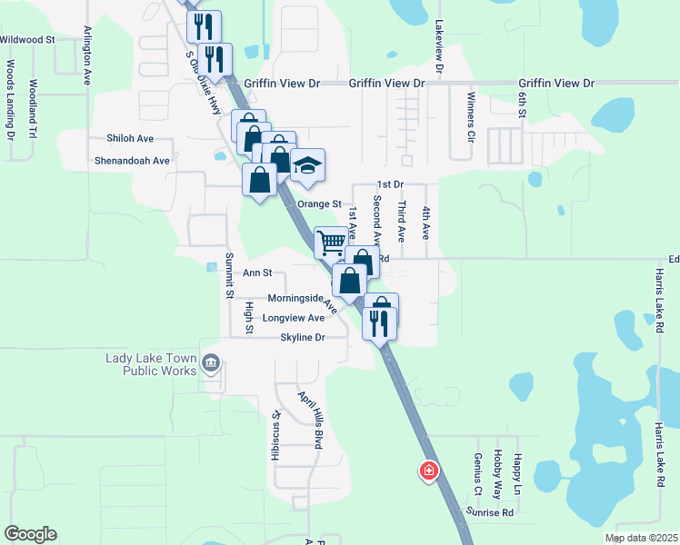 map of restaurants, bars, coffee shops, grocery stores, and more near in Lady Lake