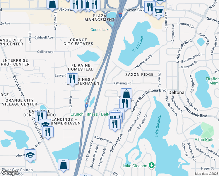 map of restaurants, bars, coffee shops, grocery stores, and more near 264 North Evans Circle in Deltona