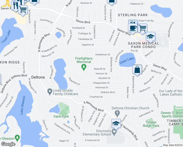 map of restaurants, bars, coffee shops, grocery stores, and more near 1394 Covewood Avenue in Deltona