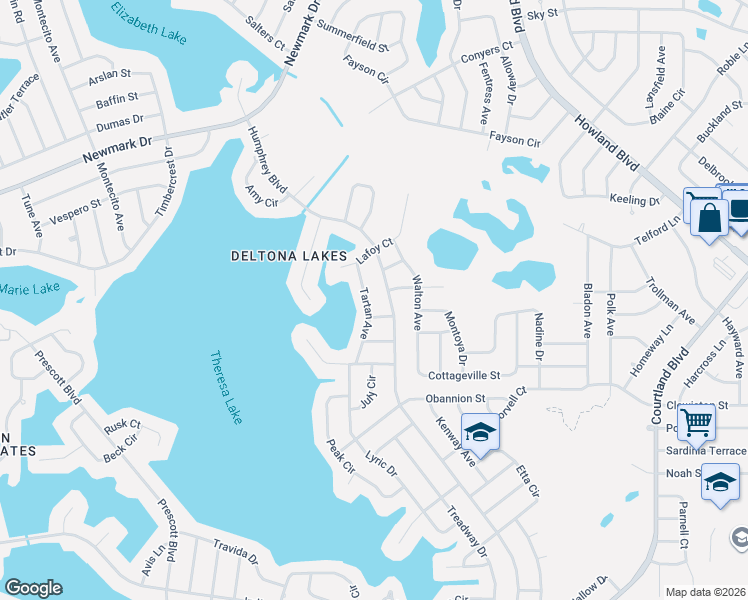 map of restaurants, bars, coffee shops, grocery stores, and more near 1323 Tartan Avenue in Deltona