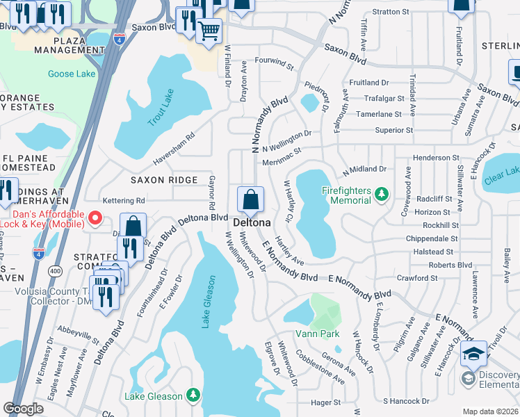 map of restaurants, bars, coffee shops, grocery stores, and more near 1396 Hartley Avenue in Deltona