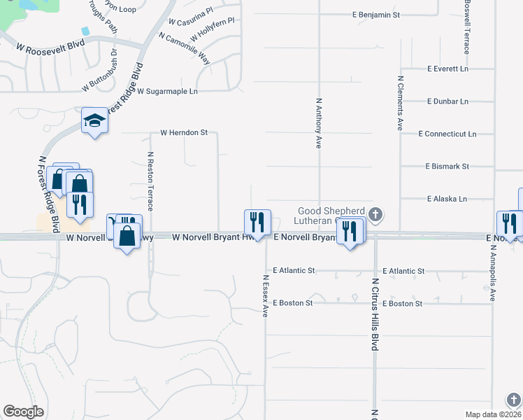 map of restaurants, bars, coffee shops, grocery stores, and more near 74 East Dusty Court in Hernando