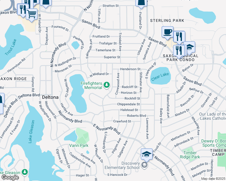 map of restaurants, bars, coffee shops, grocery stores, and more near 1381 East Lombardy Drive in Deltona