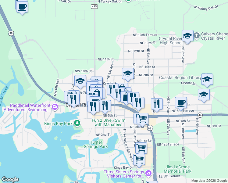 map of restaurants, bars, coffee shops, grocery stores, and more near 754 Northeast 2nd Avenue in Crystal River