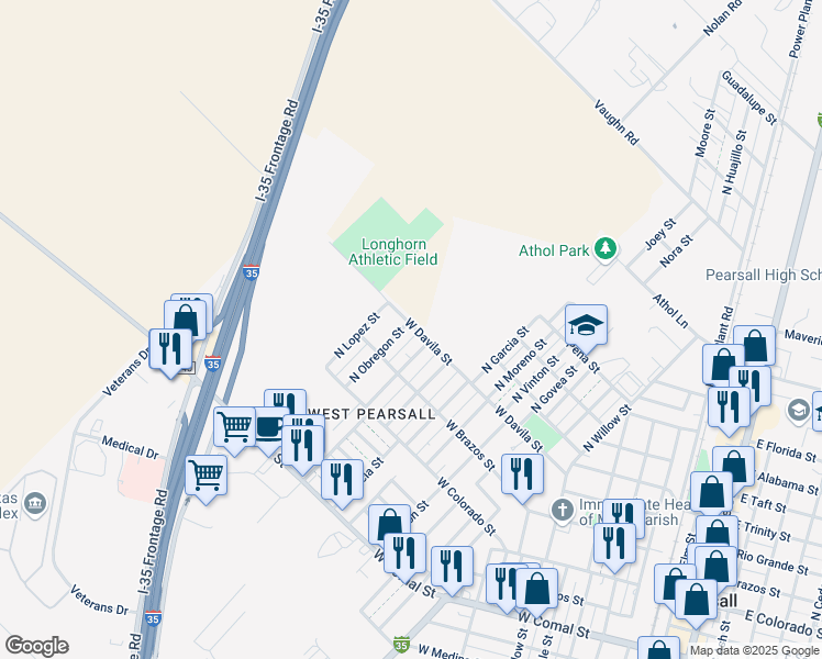 map of restaurants, bars, coffee shops, grocery stores, and more near 235 North Obregon Street in Pearsall