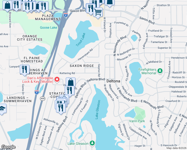 map of restaurants, bars, coffee shops, grocery stores, and more near 476 Kettering Road in Deltona