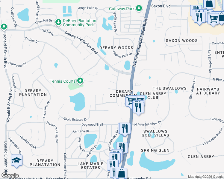 map of restaurants, bars, coffee shops, grocery stores, and more near 108 Balmoral Court in DeBary