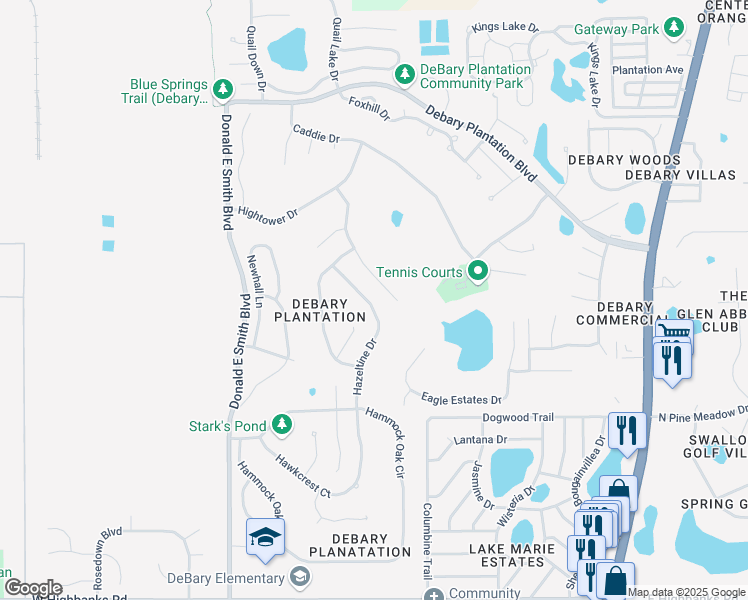 map of restaurants, bars, coffee shops, grocery stores, and more near 313 Hazeltine Drive in DeBary