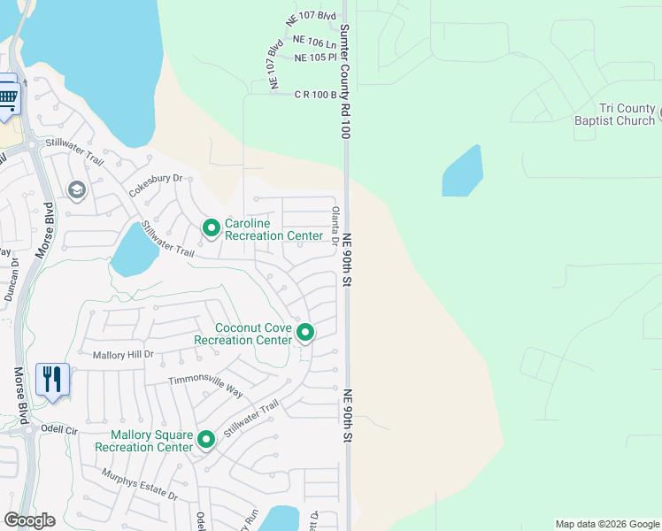 map of restaurants, bars, coffee shops, grocery stores, and more near 179 Olanta Drive in The Villages