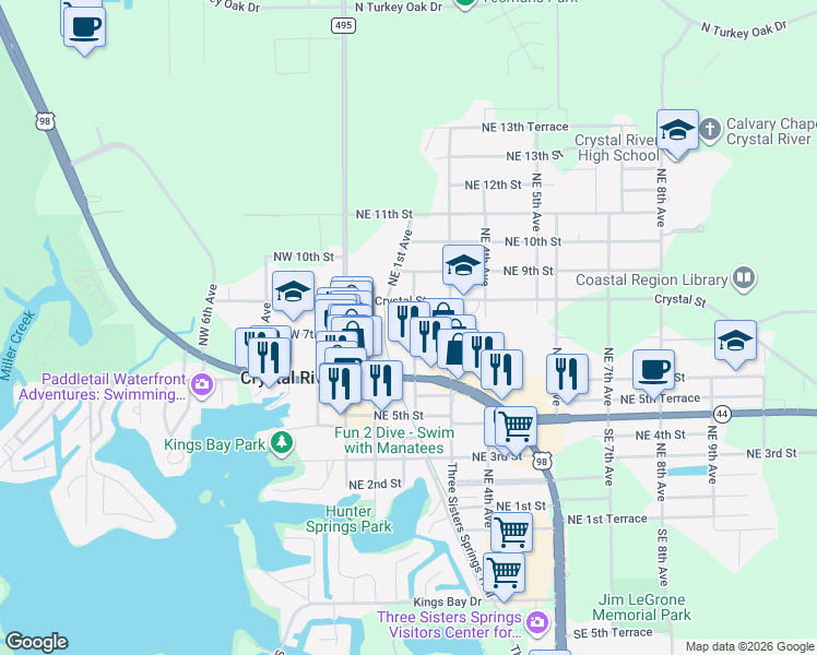 map of restaurants, bars, coffee shops, grocery stores, and more near 754 Northeast 2nd Avenue in Crystal River