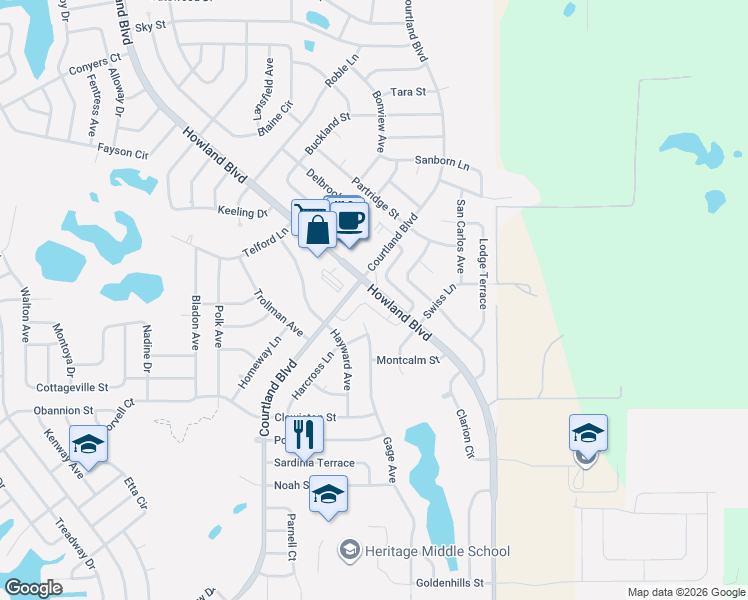 map of restaurants, bars, coffee shops, grocery stores, and more near 1365 Courtland Boulevard in Deltona