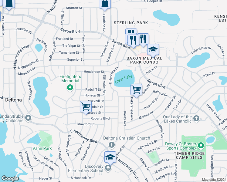 map of restaurants, bars, coffee shops, grocery stores, and more near 1639 Rockhill Street in Deltona