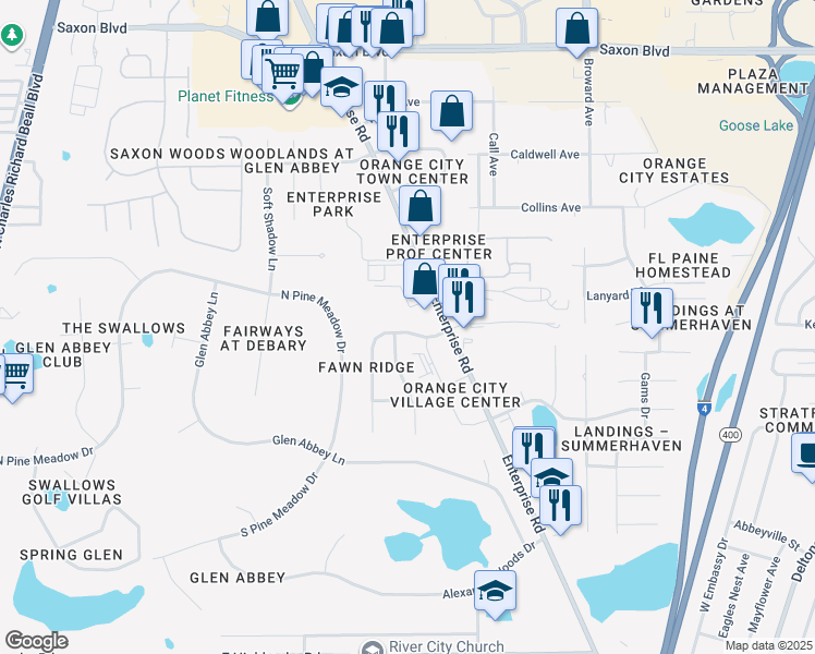 map of restaurants, bars, coffee shops, grocery stores, and more near 685 Fawn Ridge Drive in Orange City