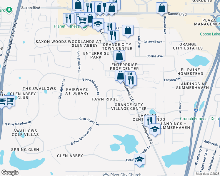 map of restaurants, bars, coffee shops, grocery stores, and more near 635 Fawn Ridge Drive in Orange City