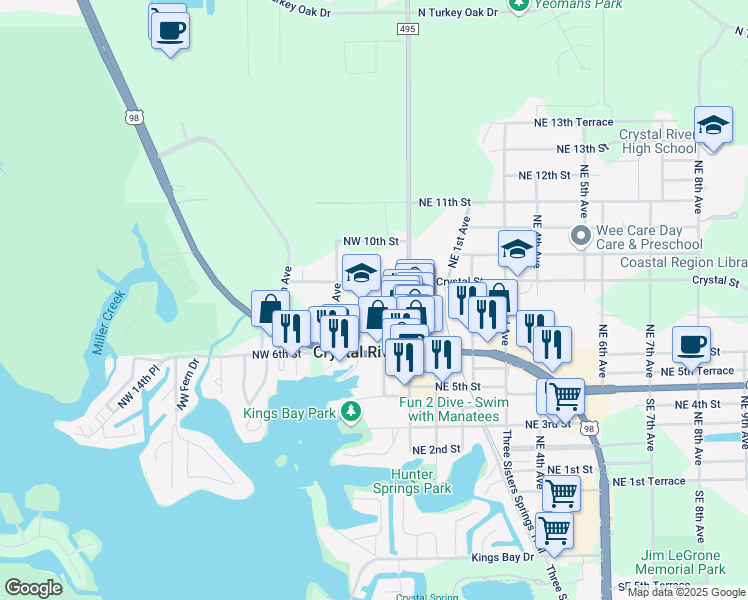 map of restaurants, bars, coffee shops, grocery stores, and more near 147 Northwest 7th Street in Crystal River