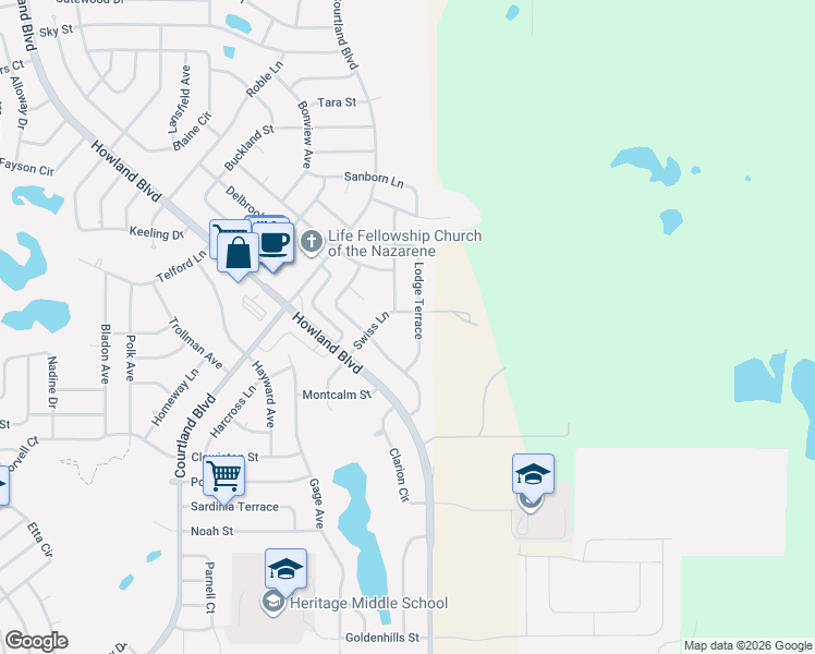 map of restaurants, bars, coffee shops, grocery stores, and more near 1407 Swiss Lane in Deltona