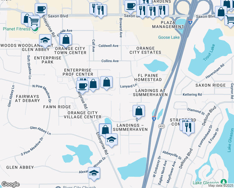 map of restaurants, bars, coffee shops, grocery stores, and more near 3060 Cat Tail Lane in DeBary