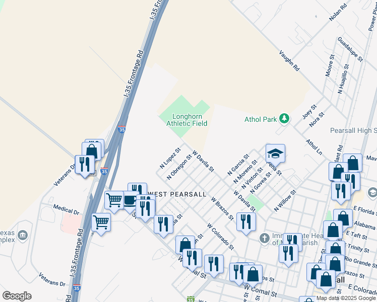 map of restaurants, bars, coffee shops, grocery stores, and more near 235 North Obregon Street in Pearsall