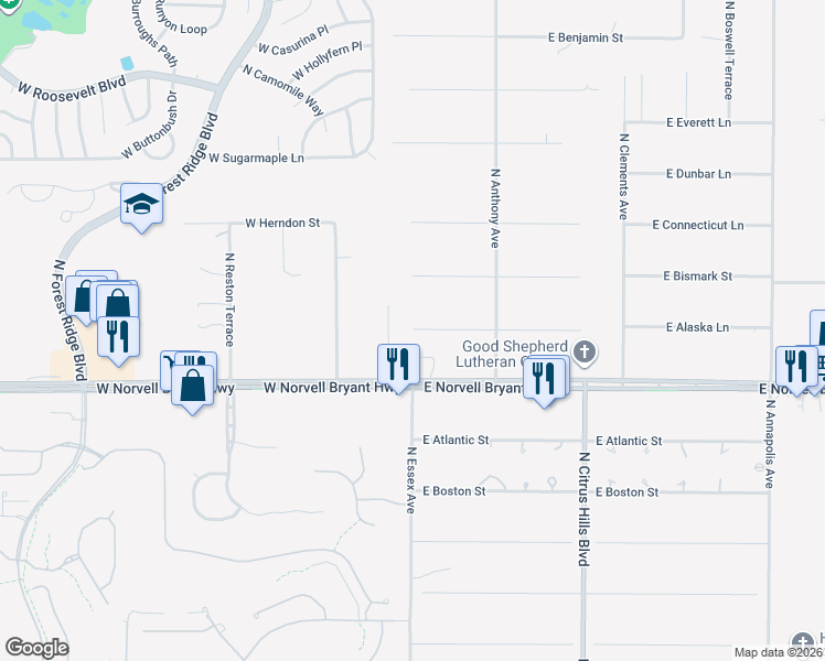 map of restaurants, bars, coffee shops, grocery stores, and more near 74 East Dusty Court in Hernando