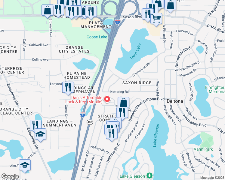 map of restaurants, bars, coffee shops, grocery stores, and more near 260 Kettering Road in Deltona