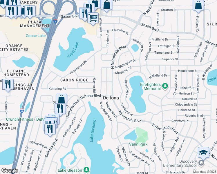 map of restaurants, bars, coffee shops, grocery stores, and more near 1395 Whitewood Drive in Deltona