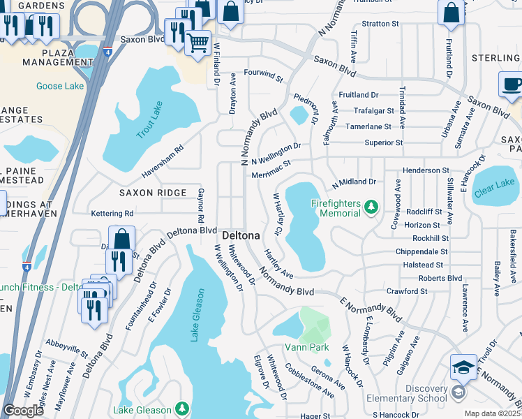 map of restaurants, bars, coffee shops, grocery stores, and more near 1396 Hartley Avenue in Deltona
