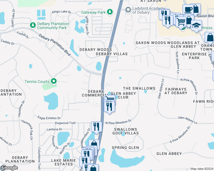 map of restaurants, bars, coffee shops, grocery stores, and more near 5 Ridgeview Drive in DeBary