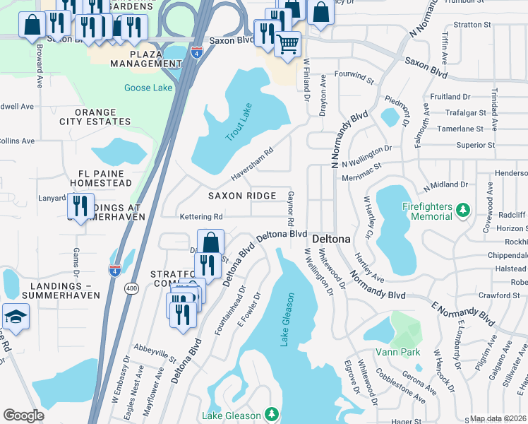 map of restaurants, bars, coffee shops, grocery stores, and more near 452 Kettering Road in Deltona