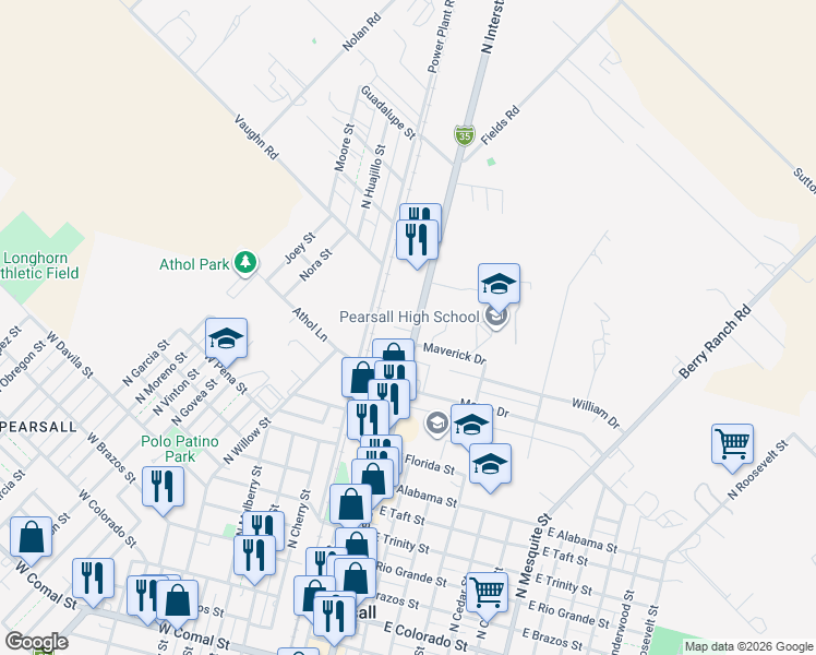 map of restaurants, bars, coffee shops, grocery stores, and more near 1121 North Oak Street in Pearsall