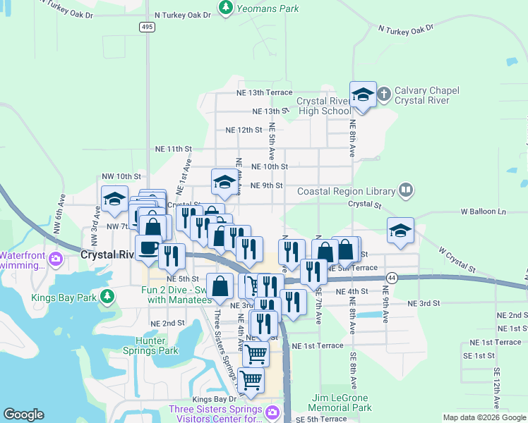 map of restaurants, bars, coffee shops, grocery stores, and more near 522 Northeast Crystal Street in Crystal River
