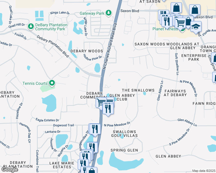 map of restaurants, bars, coffee shops, grocery stores, and more near 5 Ridgeview Drive in DeBary