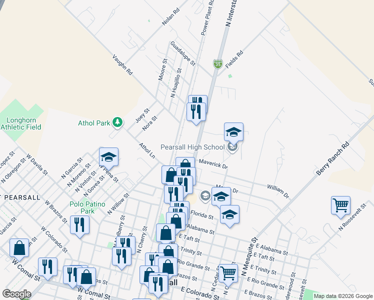 map of restaurants, bars, coffee shops, grocery stores, and more near 1121 North Oak Street in Pearsall