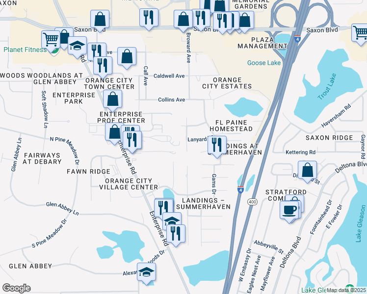 map of restaurants, bars, coffee shops, grocery stores, and more near 3060 Cat Tail Lane in DeBary