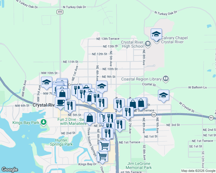 map of restaurants, bars, coffee shops, grocery stores, and more near 740 Northeast 5th Avenue in Crystal River