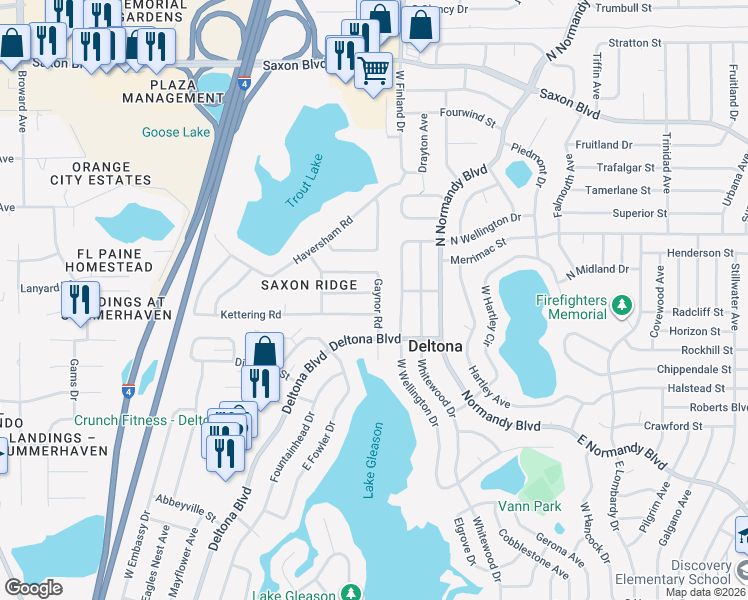 map of restaurants, bars, coffee shops, grocery stores, and more near 987 Leyburn Drive in Deltona