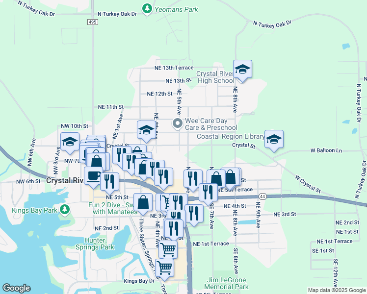 map of restaurants, bars, coffee shops, grocery stores, and more near 522 Northeast Crystal Street in Crystal River