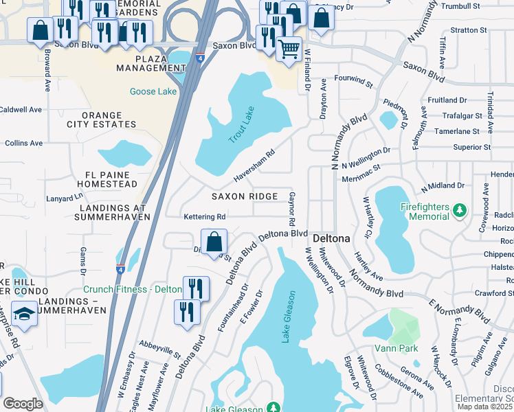 map of restaurants, bars, coffee shops, grocery stores, and more near 923 Leyburn Drive in Deltona