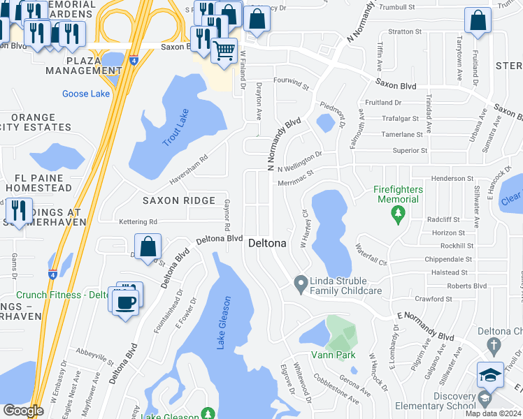 map of restaurants, bars, coffee shops, grocery stores, and more near 1407 Whitewood Drive in Deltona