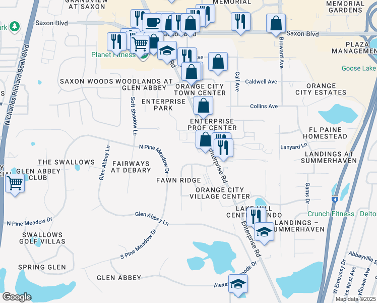 map of restaurants, bars, coffee shops, grocery stores, and more near 635 Fawn Ridge Drive in Orange City