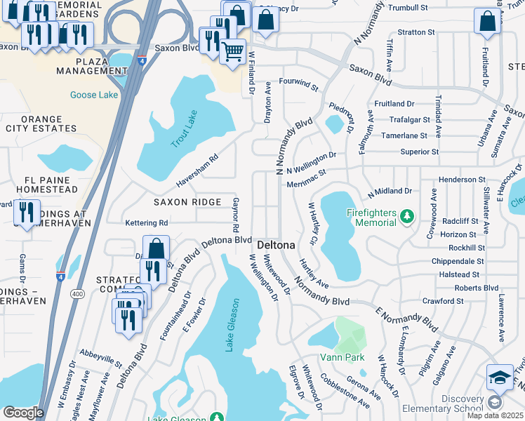map of restaurants, bars, coffee shops, grocery stores, and more near 531 Springfield Street in Deltona