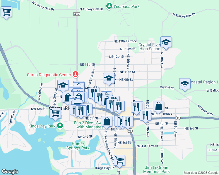map of restaurants, bars, coffee shops, grocery stores, and more near 344 Northeast Crystal Street in Crystal River