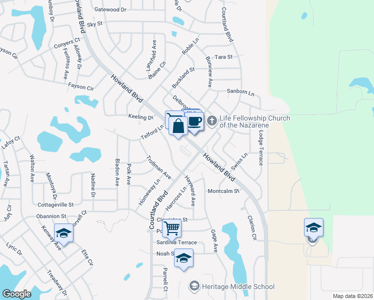 map of restaurants, bars, coffee shops, grocery stores, and more near 1381 Howland Boulevard in Deltona