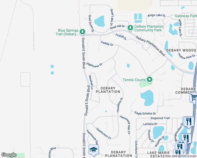 map of restaurants, bars, coffee shops, grocery stores, and more near 659 Newhall Lane in DeBary