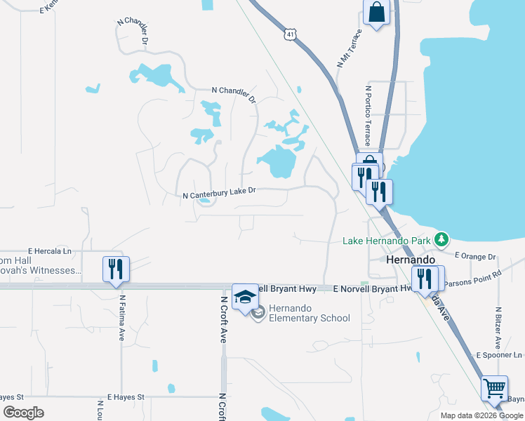 map of restaurants, bars, coffee shops, grocery stores, and more near 3076 East Brigadoon Court in Hernando